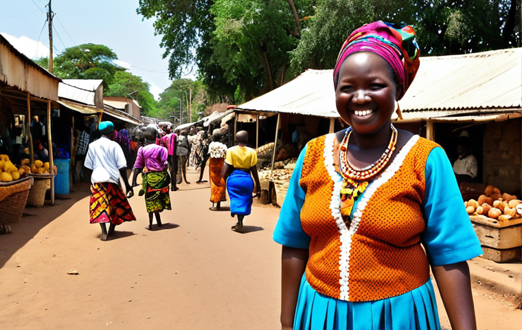 **A vibrant street scene in Lusaka, Zambia, showcasing the warmth and hospitality of the Zambian people. Include smiling faces, colorful traditional clothing, and a local market with people interacting. Capture the spirit of community and friendliness in the atmosphere, emphasizing the open and welcoming nature of Zambians.**